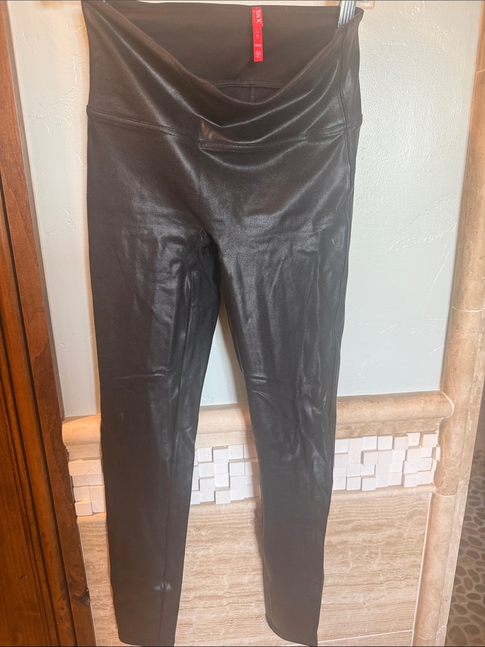 SPANX Black Faux Leather High-Waist Leggings with Crossover Waistband